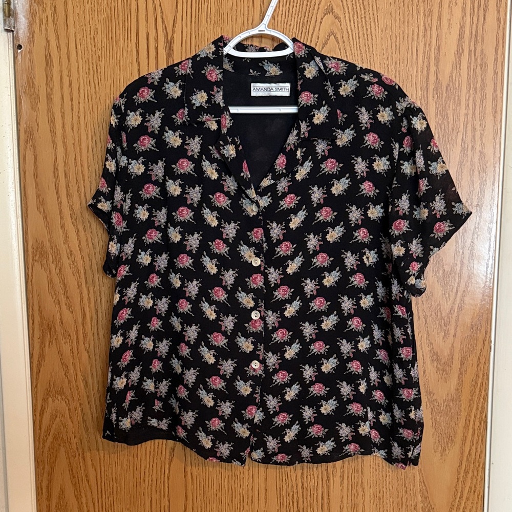 Vintage 90s Amanda Smith Black Rayon Lined Floral Button-Up Shirt Abalone Size L